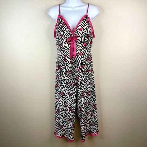 Y2K Womens Babydoll Zebra Pajama Set Size M Comfy Knit Spaghetti Strap Hearts - Picture 1 of 8